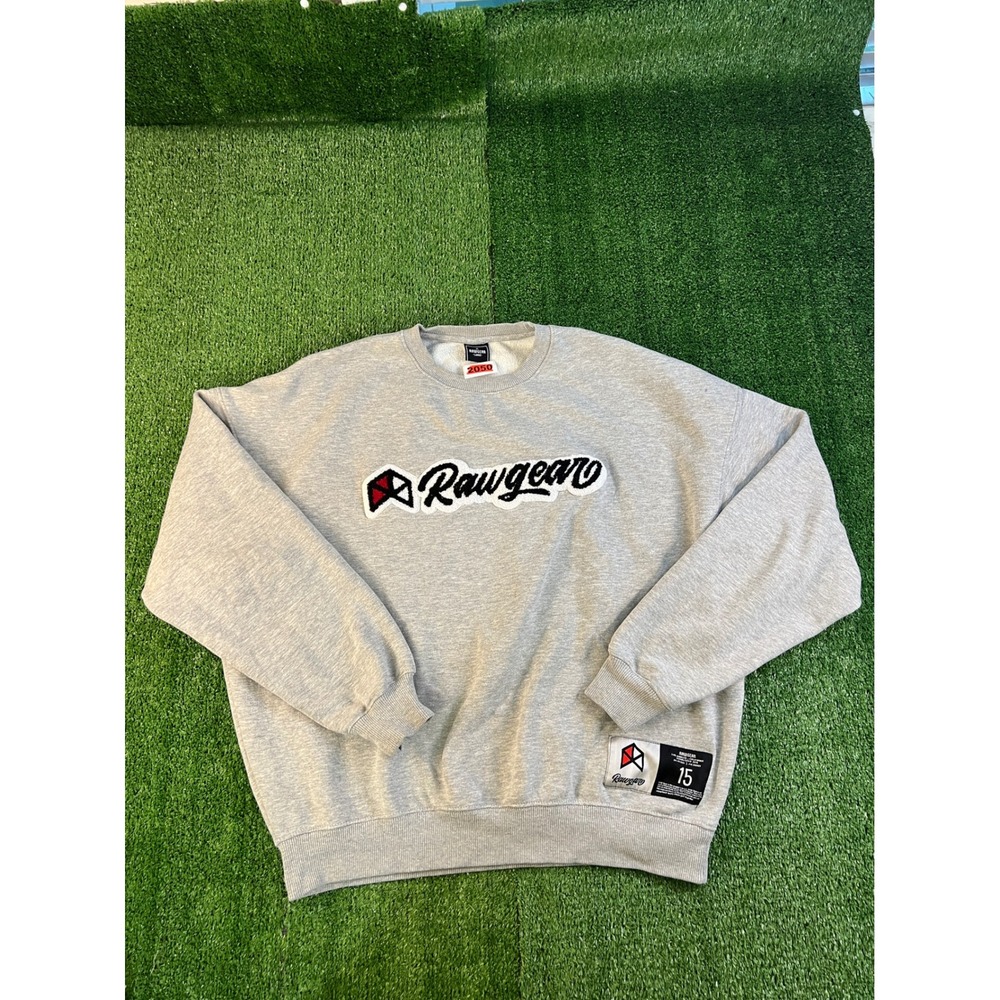 Rawgear Mens Gray Chenille Logo Crewneck Sweatshirt Large Relaxed Fit Fleece